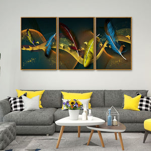 Modern Feathers and Butterflies Premium Floating Canvas Wall Painting Set of Three