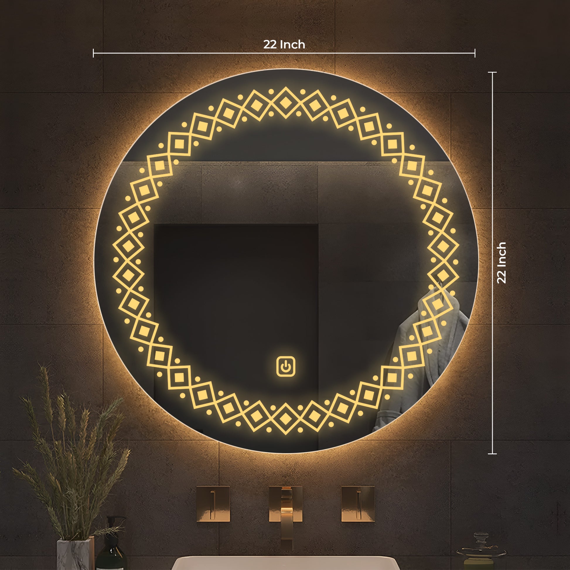 Modern Floral Pattern Art LED Rounded Shape Bathroom Wall Mirror