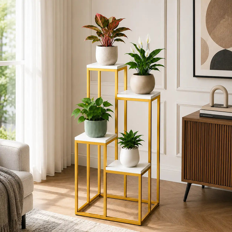 Modern Four Tier Square Storage Metal Stand with Golden Finish