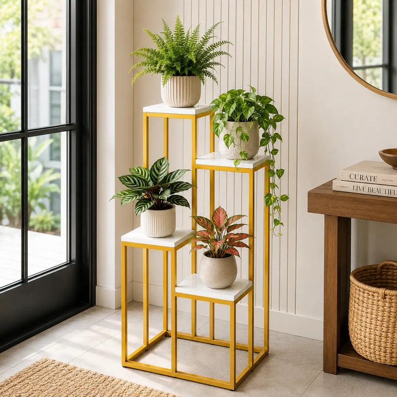 Modern Four Tier Square Storage Metal Stand with Golden Finish