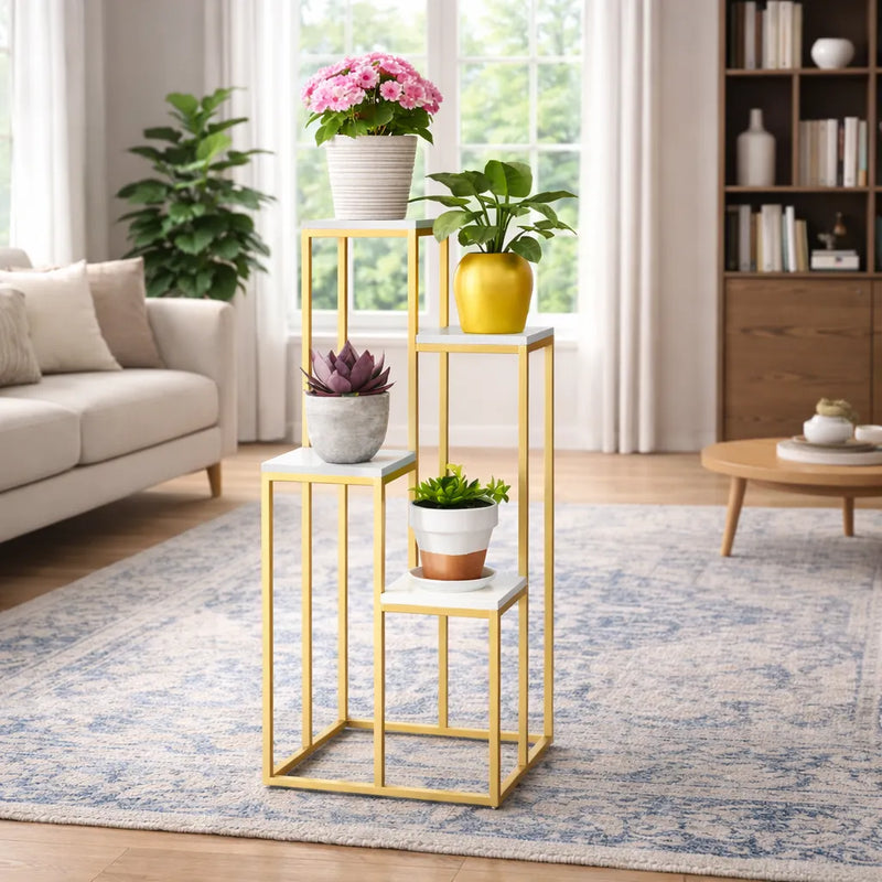 Modern Four Tier Square Storage Metal Stand with Golden Finish