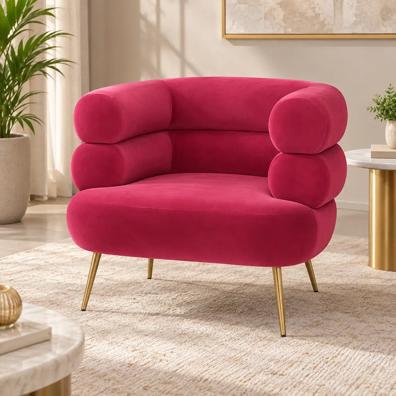 Modern Fuchsia Pink Lounge Chair with Rounded Arms & Golden Metal Legs