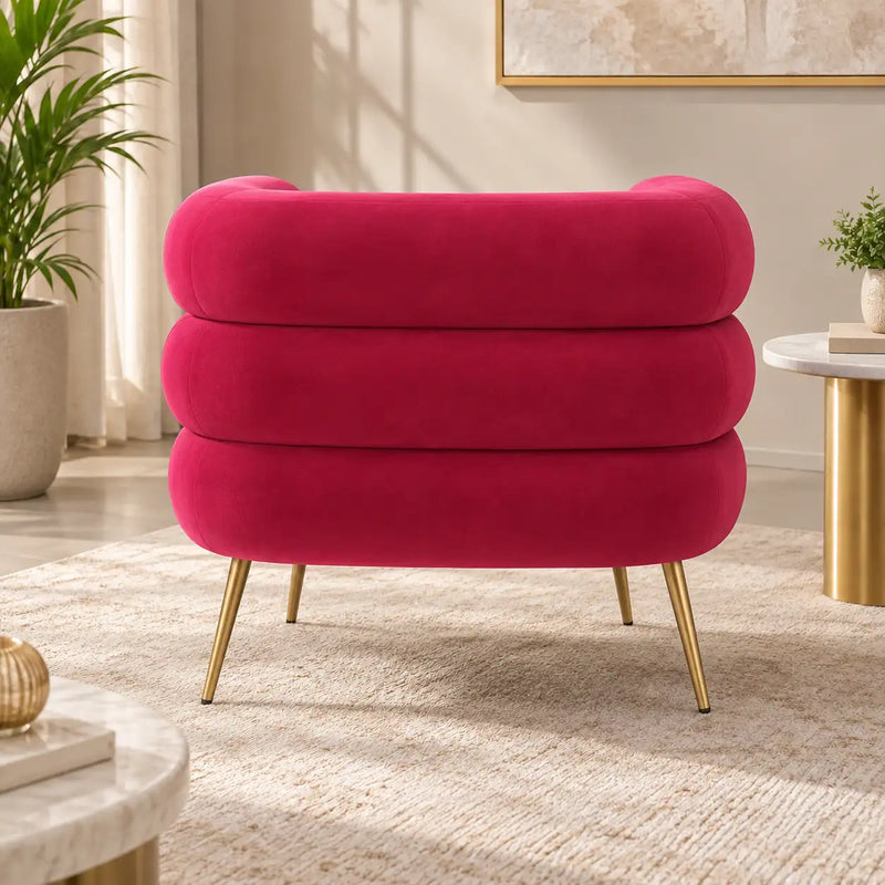 Modern Fuchsia Pink Lounge Chair with Rounded Arms & Golden Metal Legs