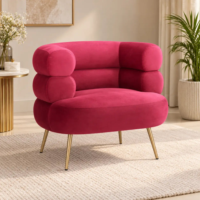 Modern Fuchsia Pink Lounge Chair with Rounded Arms & Golden Metal Legs