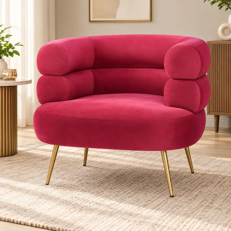 Modern Fuchsia Pink Lounge Chair with Rounded Arms & Golden Metal Legs