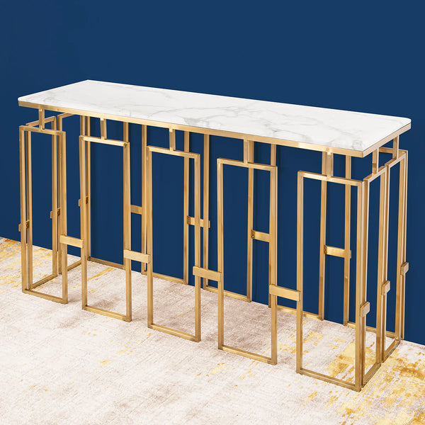 Modern Geometric Console Table with Abstract Golden Metal Finish
