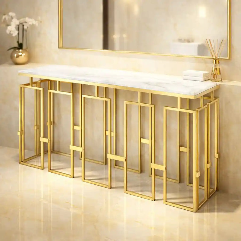 Modern Geometric Console Table with Abstract Golden Metal Finish