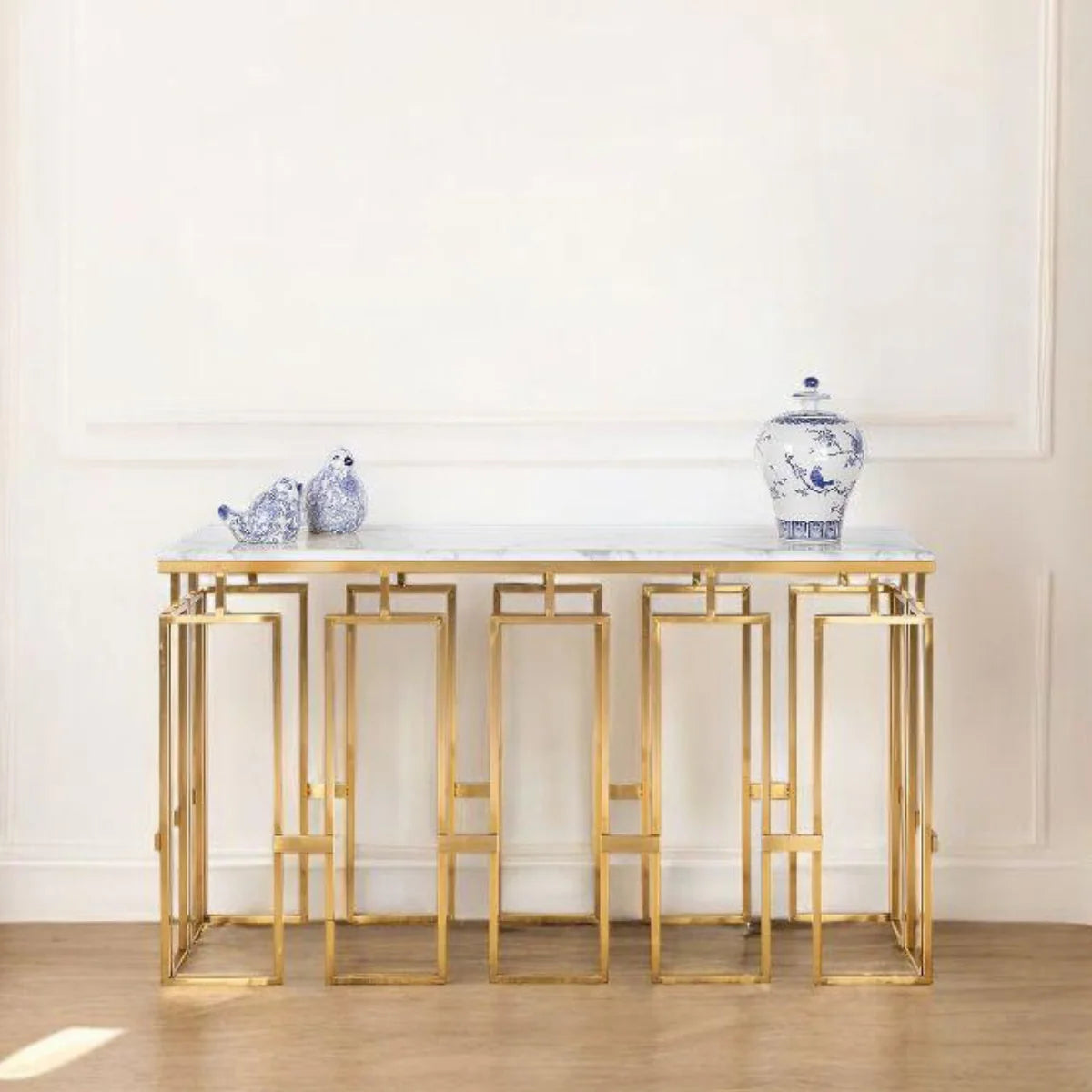 Modern Geometric Console Table with Abstract Golden Metal Finish