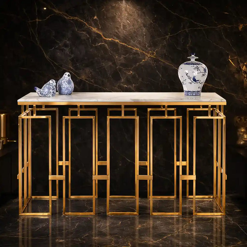 Modern Geometric Console Table with Abstract Golden Metal Finish