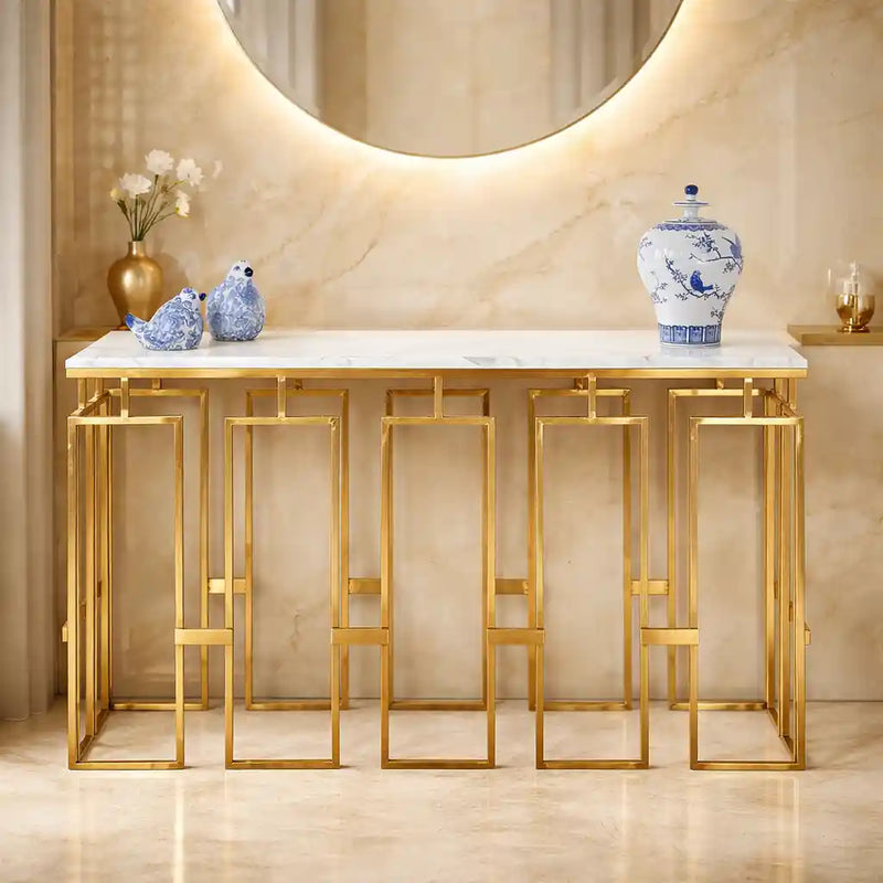 Modern Geometric Console Table with Abstract Golden Metal Finish