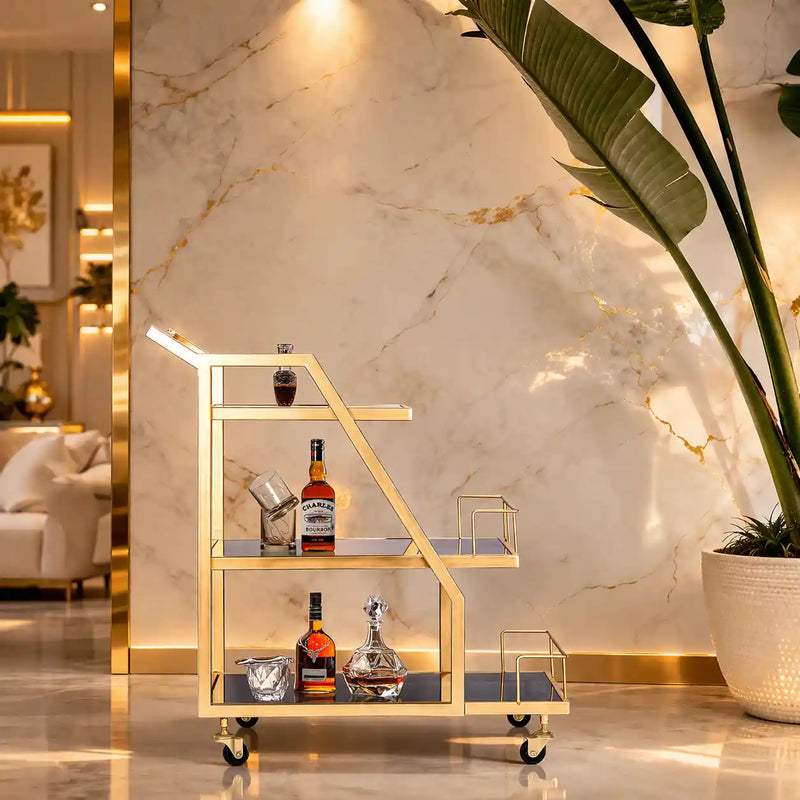 Modern Geometric Gold Bar Cart with Triple Tiers Trolley