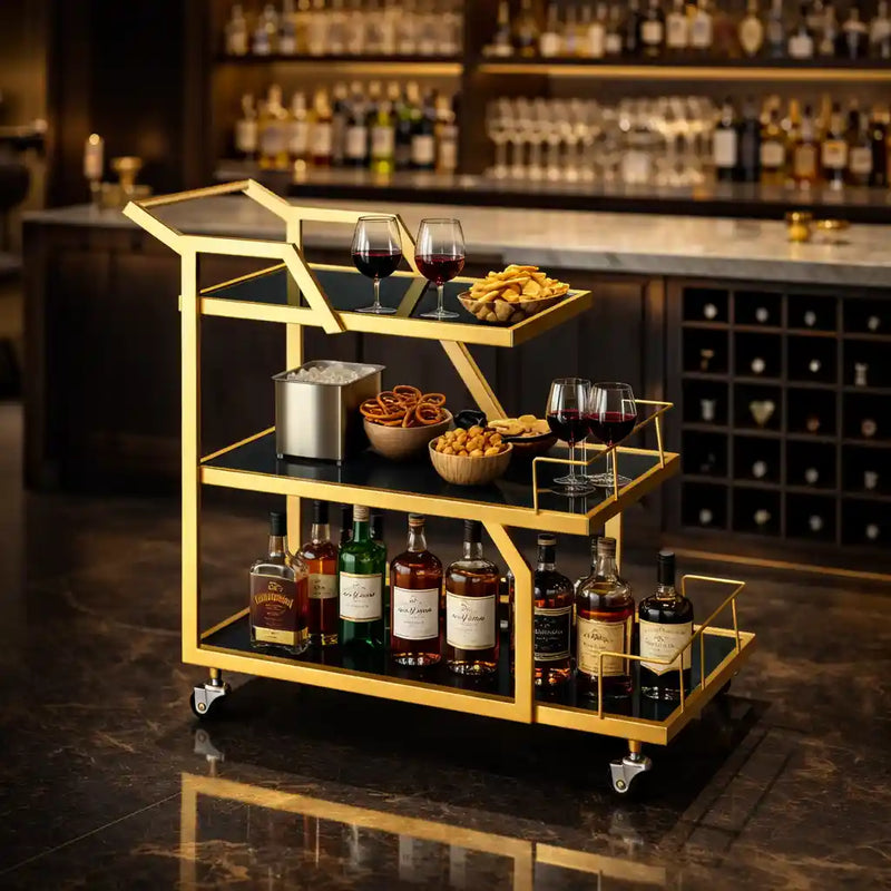 Modern Geometric Gold Bar Cart with Triple Tiers Trolley
