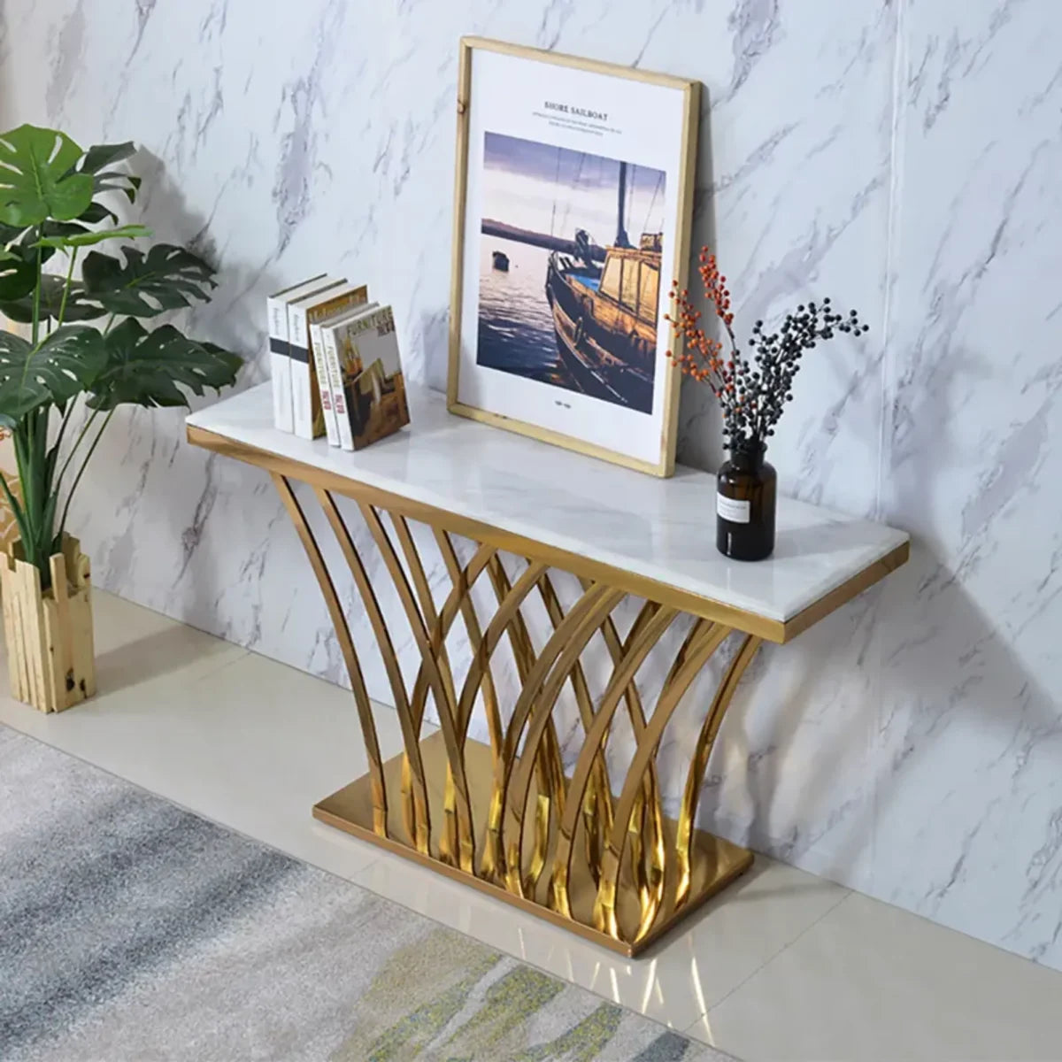 Modern Glam Console Table with Designer Gold Base