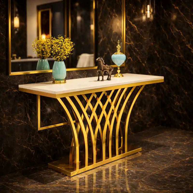 Modern Glam Console Table with Designer Gold Base
