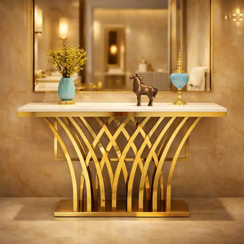 Modern Glam Console Table with Designer Gold Base
