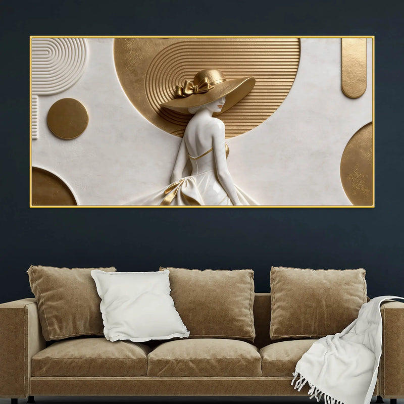 Modern Glamorous Woman with Elegant Golden Hat 3D Canvas Wall Painting
