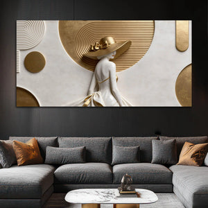 Modern Glamorous Woman with Elegant Golden Hat 3D Canvas Wall Painting