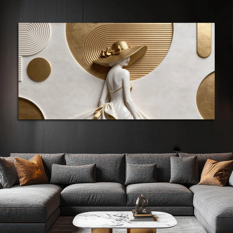 Modern Glamorous Woman with Elegant Golden Hat 3D Canvas Wall Painting