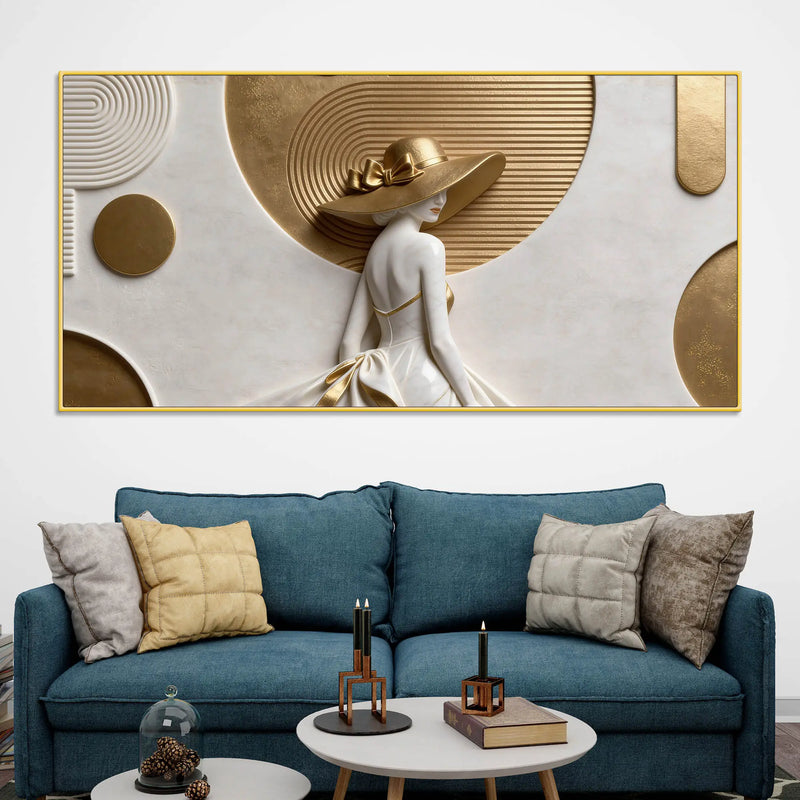 Modern Glamorous Woman with Elegant Golden Hat 3D Canvas Wall Painting