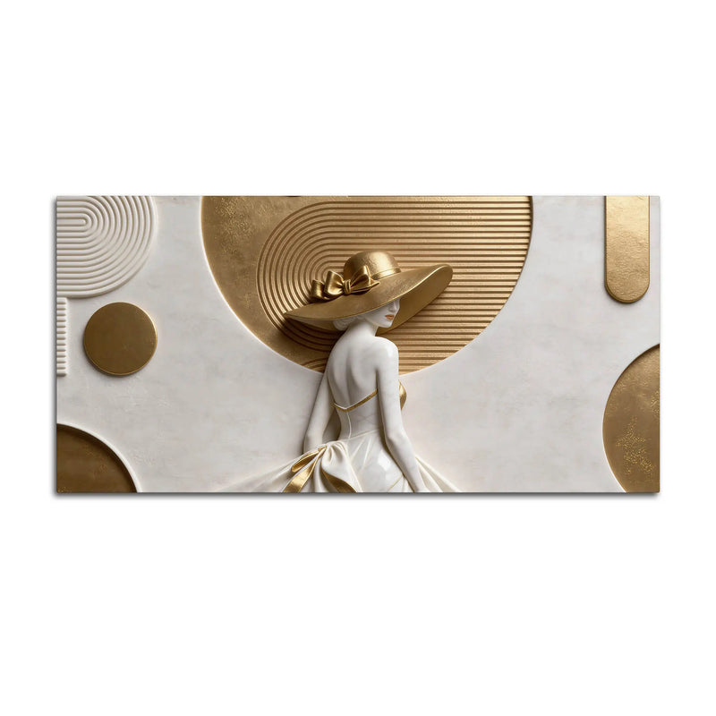 Modern Glamorous Woman with Elegant Golden Hat 3D Canvas Wall Painting