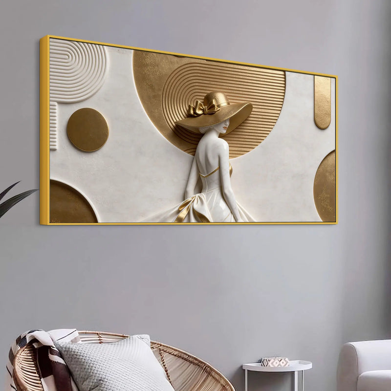 Modern Glamorous Woman with Elegant Golden Hat 3D Canvas Wall Painting