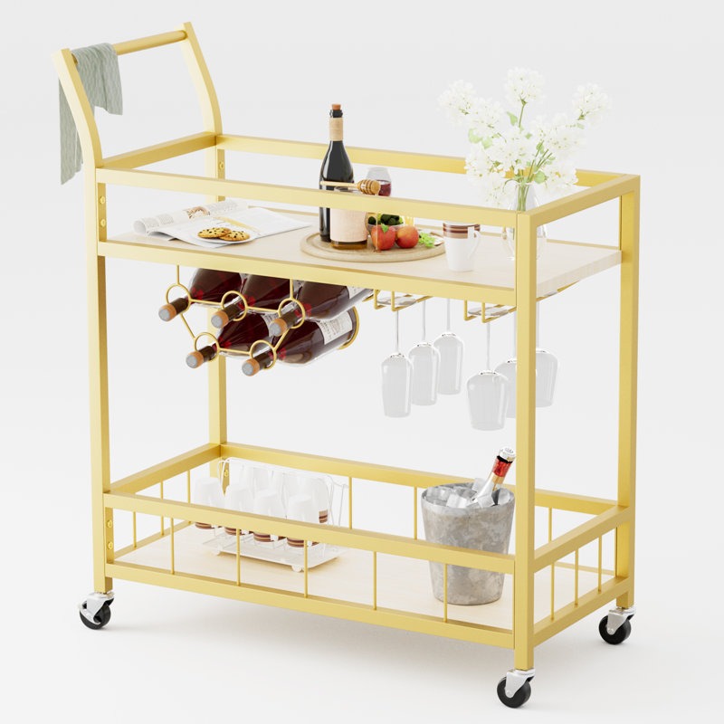 Modern Gold Bar Cart with Built-In Wine Storage Trolley
