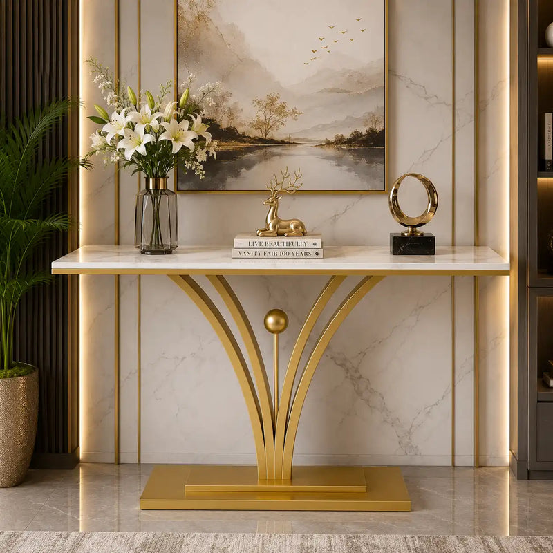 Modern Gold Base Console Table with Sleek White Marble Top