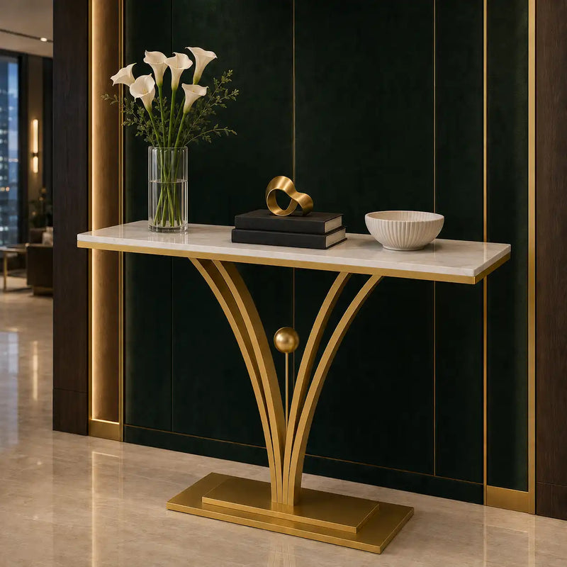 Modern Gold Base Console Table with Sleek White Marble Top