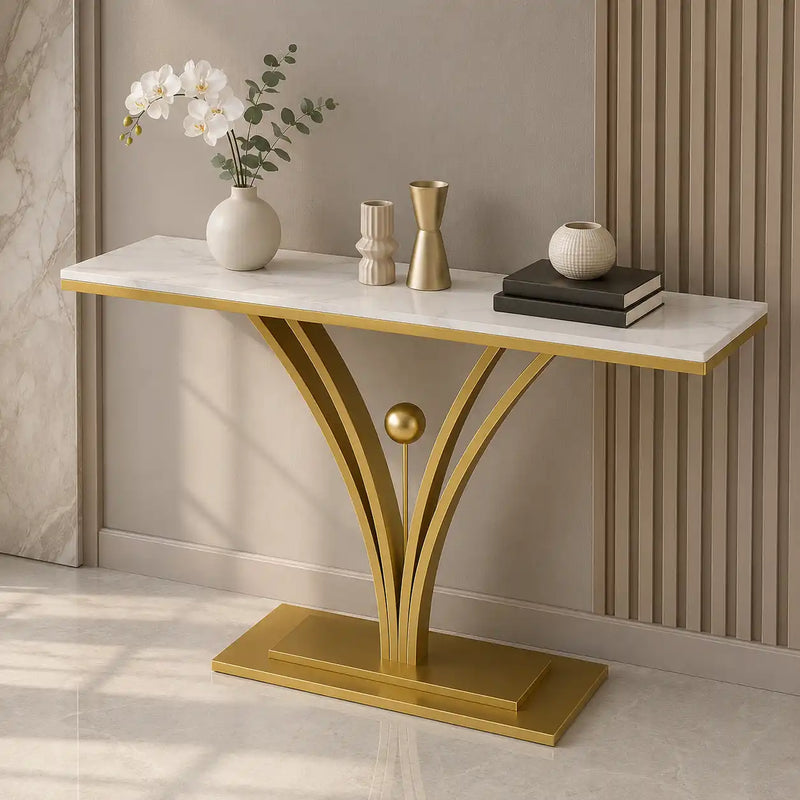 Modern Gold Base Console Table with Sleek White Marble Top