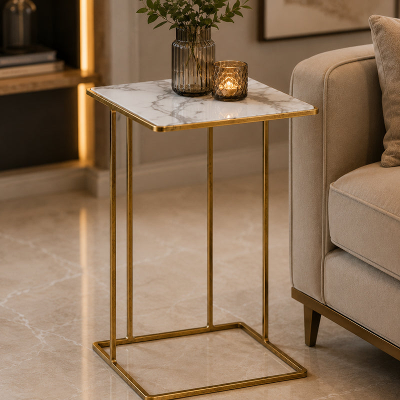 Modern Gold C-Shaped Marble Side Table
