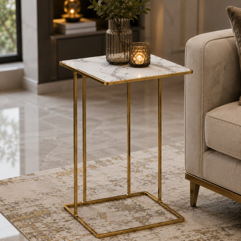 Modern Gold C-Shaped Marble Side Table