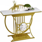 Modern Gold Console Table Featuring Circular Motif and Marble Surface