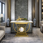 Modern Gold Console Table Featuring Circular Motif and Marble Surface