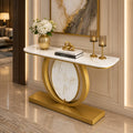 Modern Gold Console Table Featuring Oval Marble Inlay and Curved Design