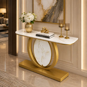 Modern Gold Console Table Featuring Oval Marble Inlay and Curved Design