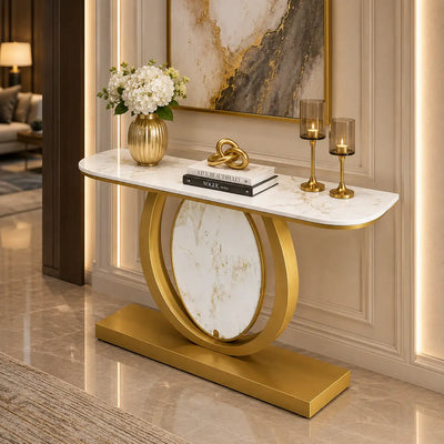 Modern Gold Console Table Featuring Oval Marble Inlay and Curved Design