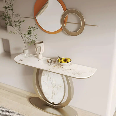 Modern Gold Console Table Featuring Oval Marble Inlay and Curved Design