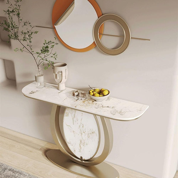 Modern Gold Console Table Featuring Oval Marble Inlay and Curved Design