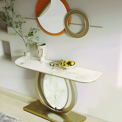 Modern Gold Console Table Featuring Oval Marble Inlay and Curved Design