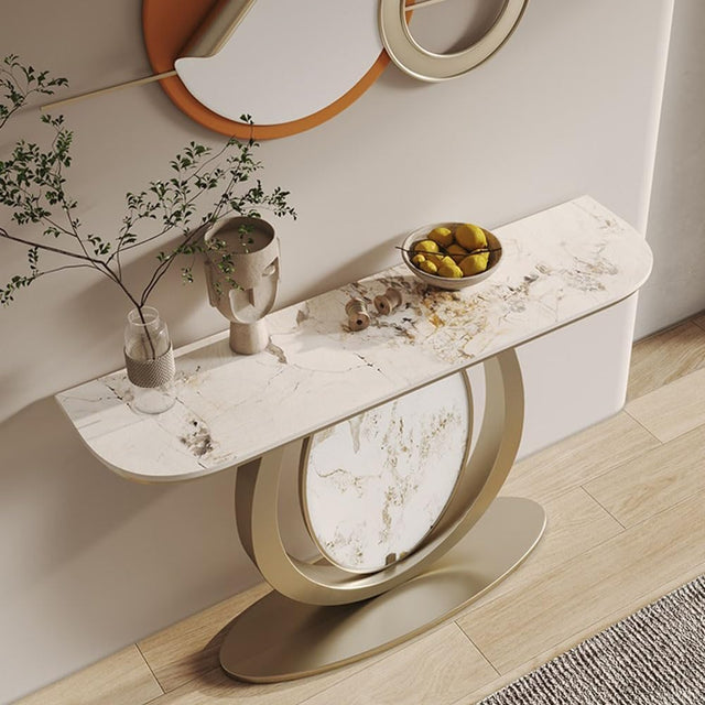 Modern Gold Console Table Featuring Oval Marble Inlay and Curved Design