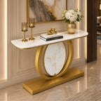 Modern Gold Console Table Featuring Oval Marble Inlay and Curved Design