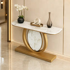 Modern Gold Console Table Featuring Oval Marble Inlay and Curved Design