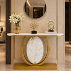 Modern Gold Console Table Featuring Oval Marble Inlay and Curved Design