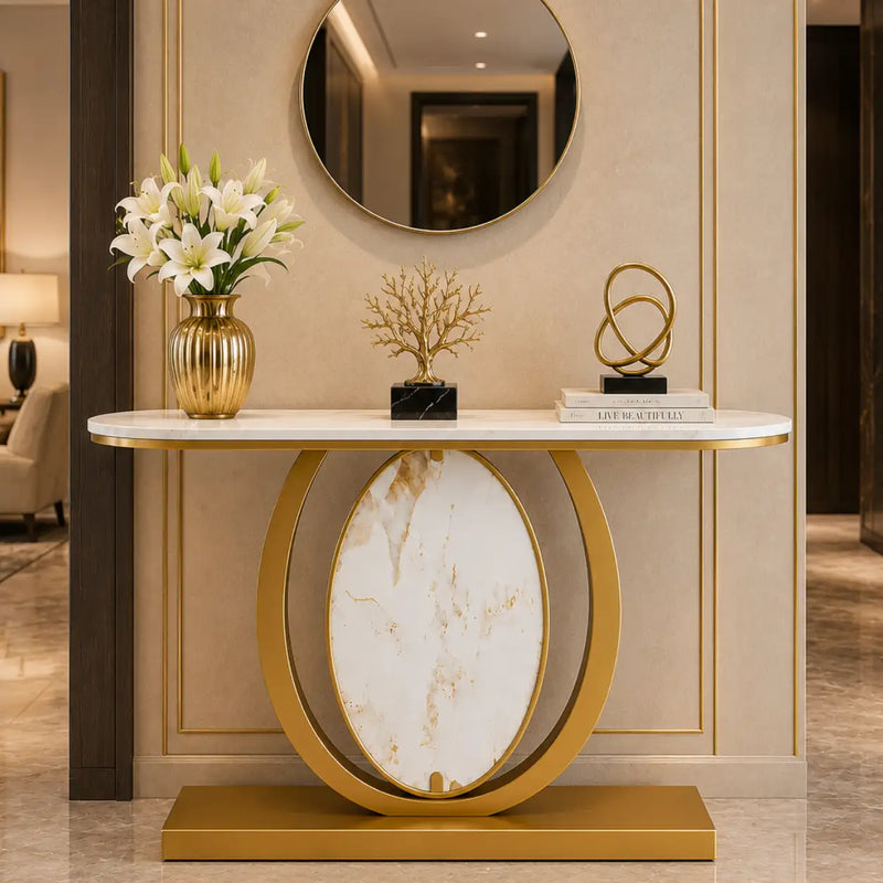 Modern Gold Console Table Featuring Oval Marble Inlay and Curved Design