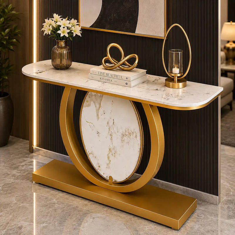 Modern Gold Console Table Featuring Oval Marble Inlay and Curved Design