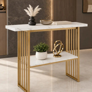 Modern Gold Frame Console Table with Marble Top and Lower Shelf