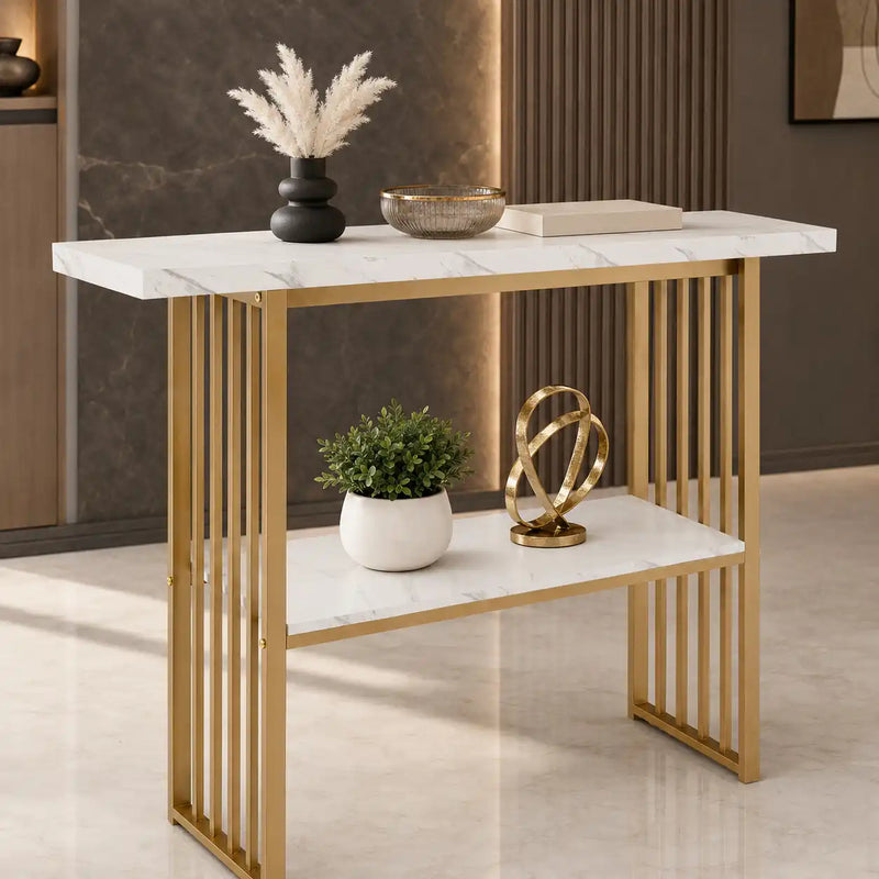 Modern Gold Frame Console Table with Marble Top and Lower Shelf