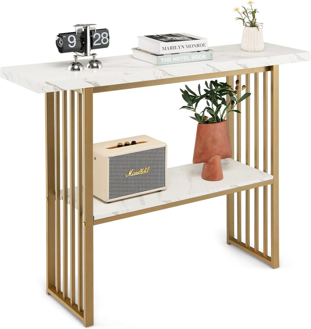 Modern Gold Frame Console Table with Marble Top and Lower Shelf