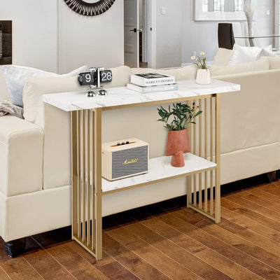 Modern Gold Frame Console Table with Marble Top and Lower Shelf