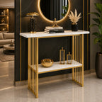 Modern Gold Frame Console Table with Marble Top and Lower Shelf